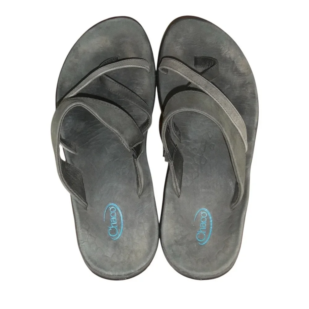 Chaco Womens 10 Leather Flip Flop Sandals Black J103650 Strappy Comfort Beach - Picture 3 of 7